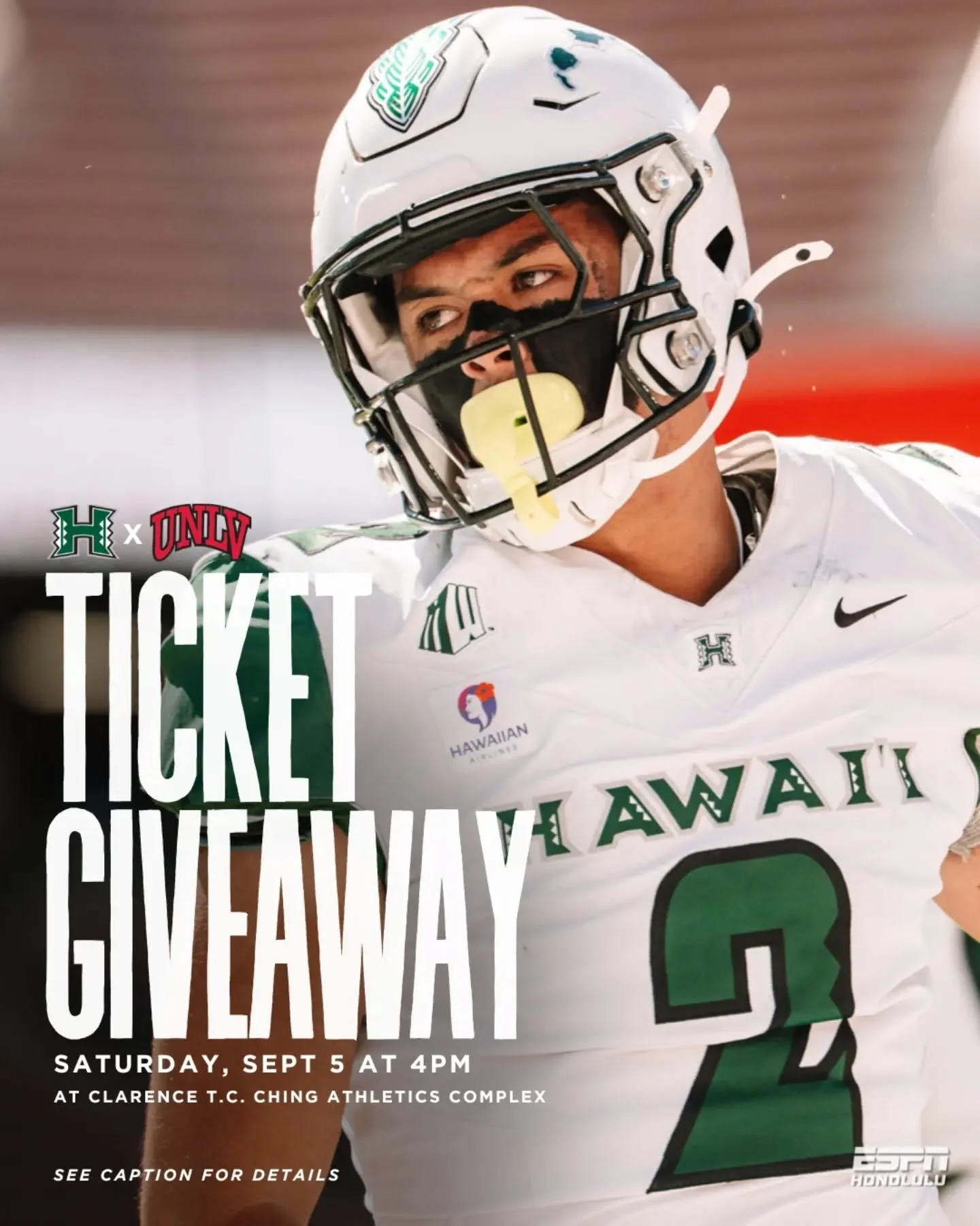 🏈 FIRST HOME GAME TICKET GIVEAWAY! 🎟️

The Rainbow Warriors are back at home! We&rsquo;re giving away 4 pairs of tickets to Hawaiʻi vs. UNLV this Saturday, Sept. 5 at 4 p.m. 🌈

⚪ WEAR WHITE! ⚪

To enter:
💚 Like this post
🤙🏽 Make sure you&rsquo;