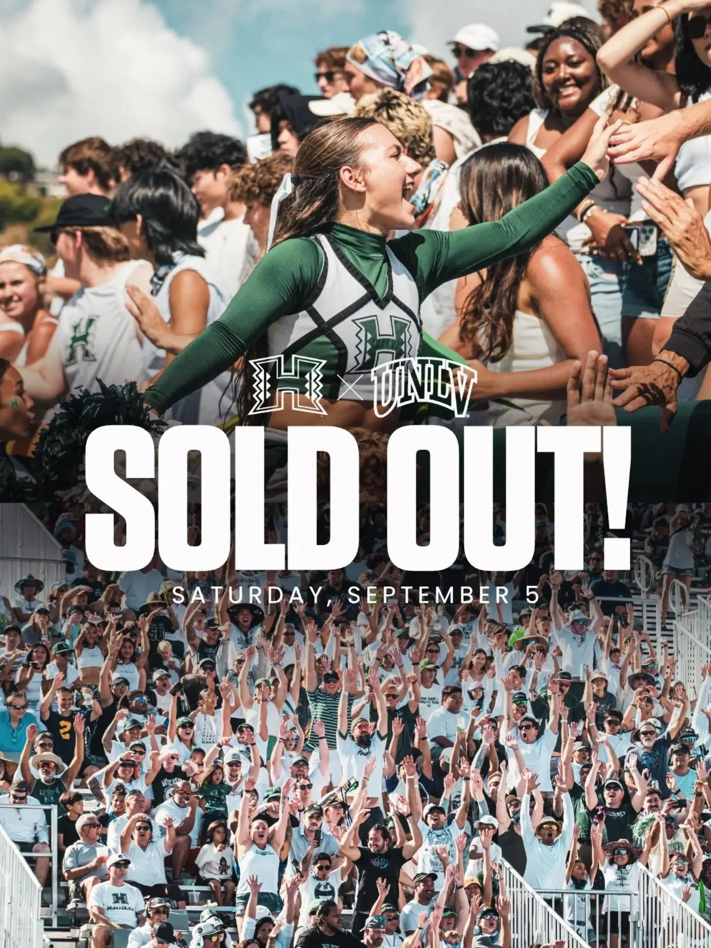 𝐒𝐎𝐋𝐃 𝐎𝐔𝐓! 🏟️🌈🏈

The University of Hawaiʻi announced that tomorrow&rsquo;s matchup between the Rainbow Warriors and UNLV is SOLD OUT!

See you at Clarence T.C. Ching Athletics Complex &mdash; and don&rsquo;t forget to WEAR WHITE! ⚪️🤙🏽

🏈 