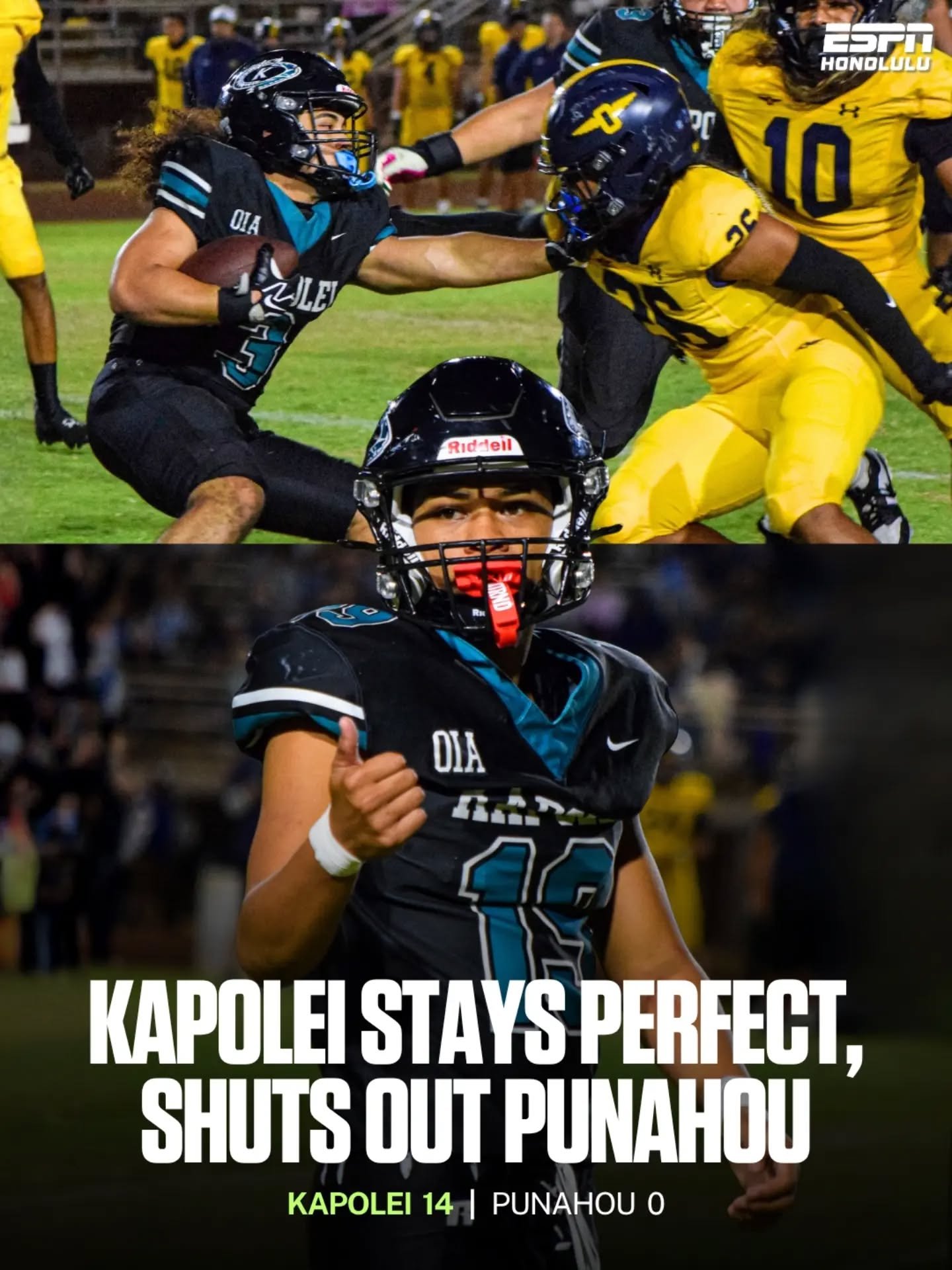 Kapolei improves to 3-0 with a 14-0 win over Punahou. 🌀🏈

Chazz-Michael Kapahu scored on the ground, while the Hurricanes&rsquo; defense held the Buff &rsquo;n Blue scoreless.

Up next, Kapolei faces Campbell, while Punahou takes on Kamehameha on S