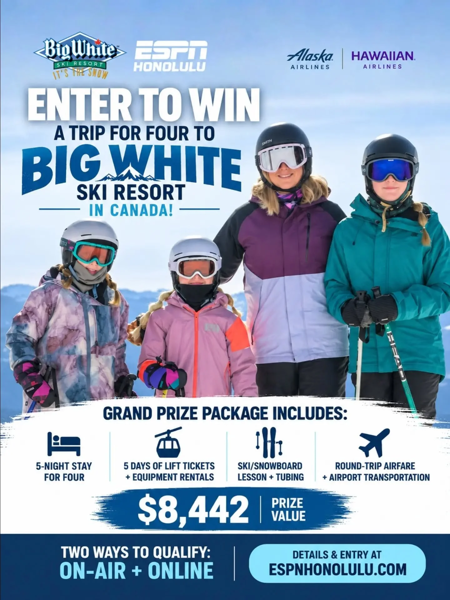 🏔️ WIN A TRIP FOR FOUR TO BIG WHITE SKI RESORT IN CANADA! 🎿❄️

ESPN Honolulu, Alaska Airlines and Hawaiian Airlines are giving one lucky winner an unforgettable $8,442 vacation package for four, including:

🏨 5-night stay
🎿 5 days of lift tickets