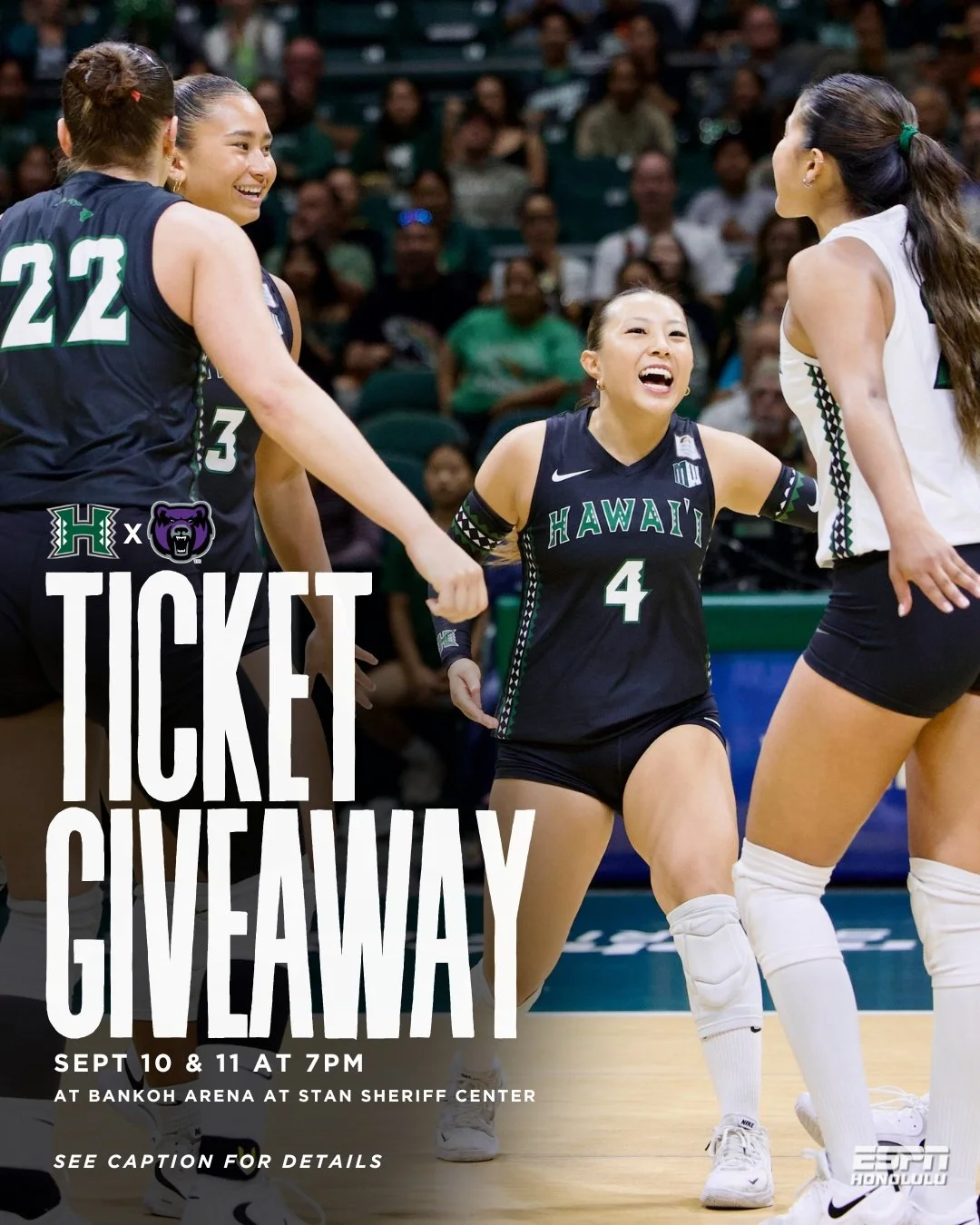 TICKET GIVEAWAY! 🌈🏐

The Rainbow Wahine are back at Bankoh Arena at Stan Sheriff Center this week for two matches against Central Arkansas!

We&rsquo;re giving away 4 pairs of tickets to EACH match:

🗓️ Thursday, Sept. 10 | 7 p.m.
🗓️ Friday, Sept