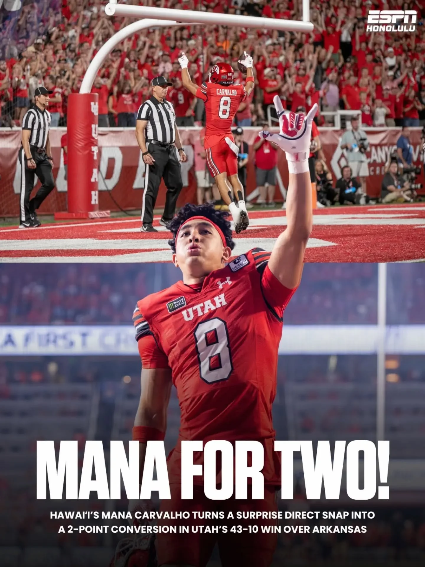 Hawaiʻi&rsquo;s Mana Carvalho with the surprise two 👀

Carvalho converted a 2-point conversion in the second quarter as No. 20 Utah rolled past Arkansas, 43-10.

📸 @iamjoeoliver