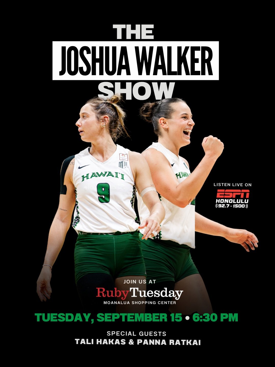 🏐 THE JOSHUA WALKER SHOW

Join Rainbow Wahine Head Coach Joshua Walker and host Kanoa Leahey live this Tuesday, Sept. 15 at 6:30 p.m. from Ruby Tuesday Moanalua Shopping Center.

Hawaiʻi enters the week 6-2 ahead of the Lucky Aces Women&rsquo;s Voll
