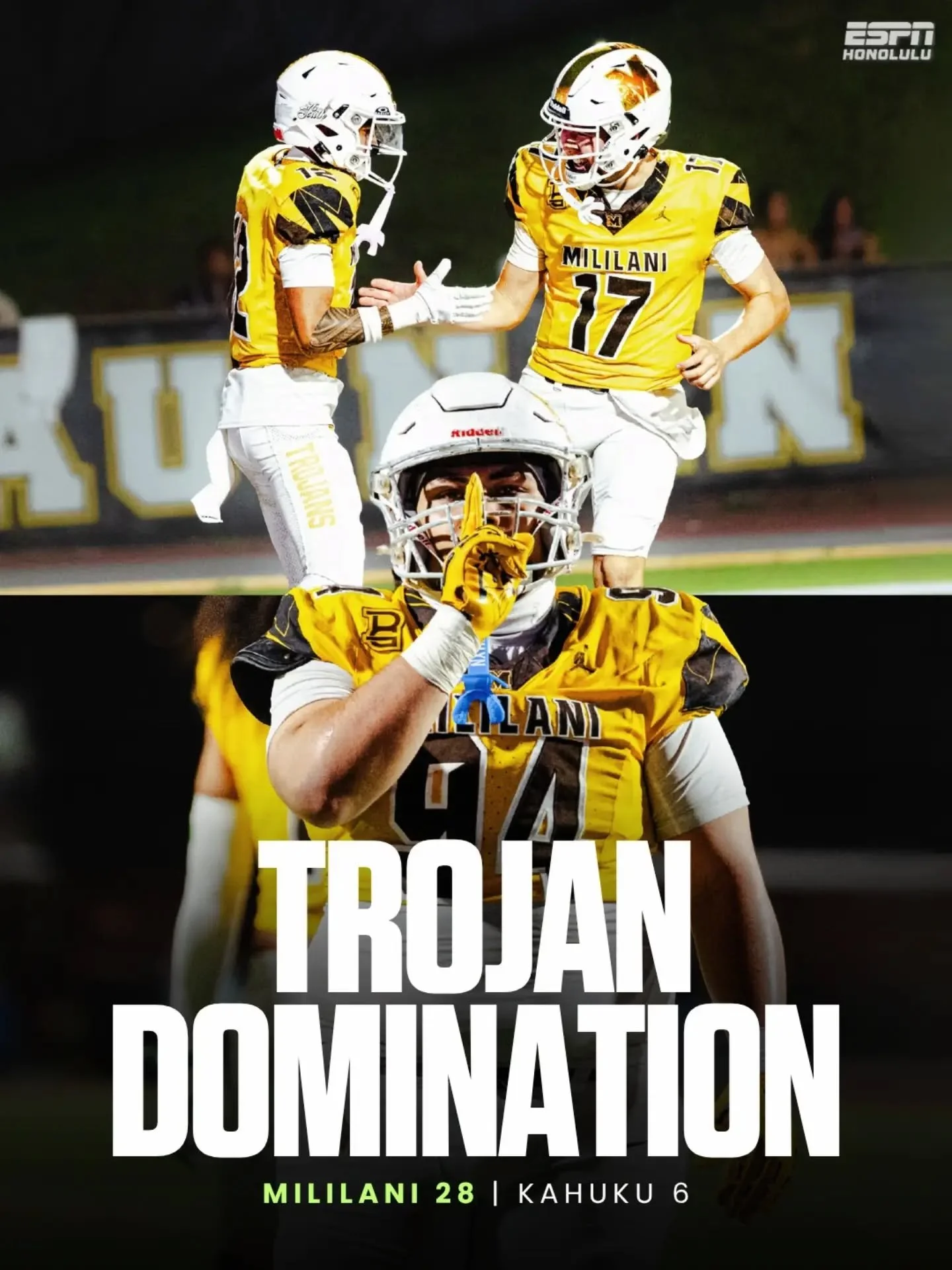 TROJAN DOMINATION 🏈

Mililani improves to 6-0 with a 28-6 victory over Kahuku.

📸 @pineapple.production_