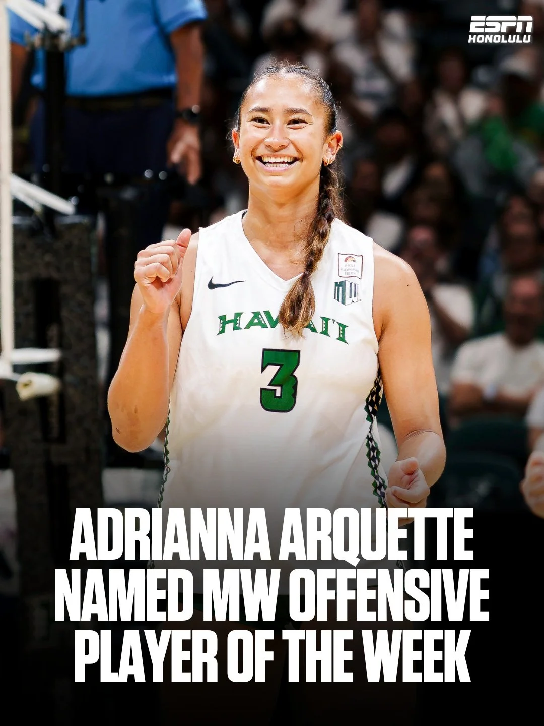 Adrianna Arquette has been named Mountain West Offensive Player of the Week! 🌈🏐

The Kamehameha Schools alum and junior setter totaled 120 assists and averaged 9.23 assists per set, helping the Rainbow Wahine finish 2-1 at the Lucky Aces Women&rsqu