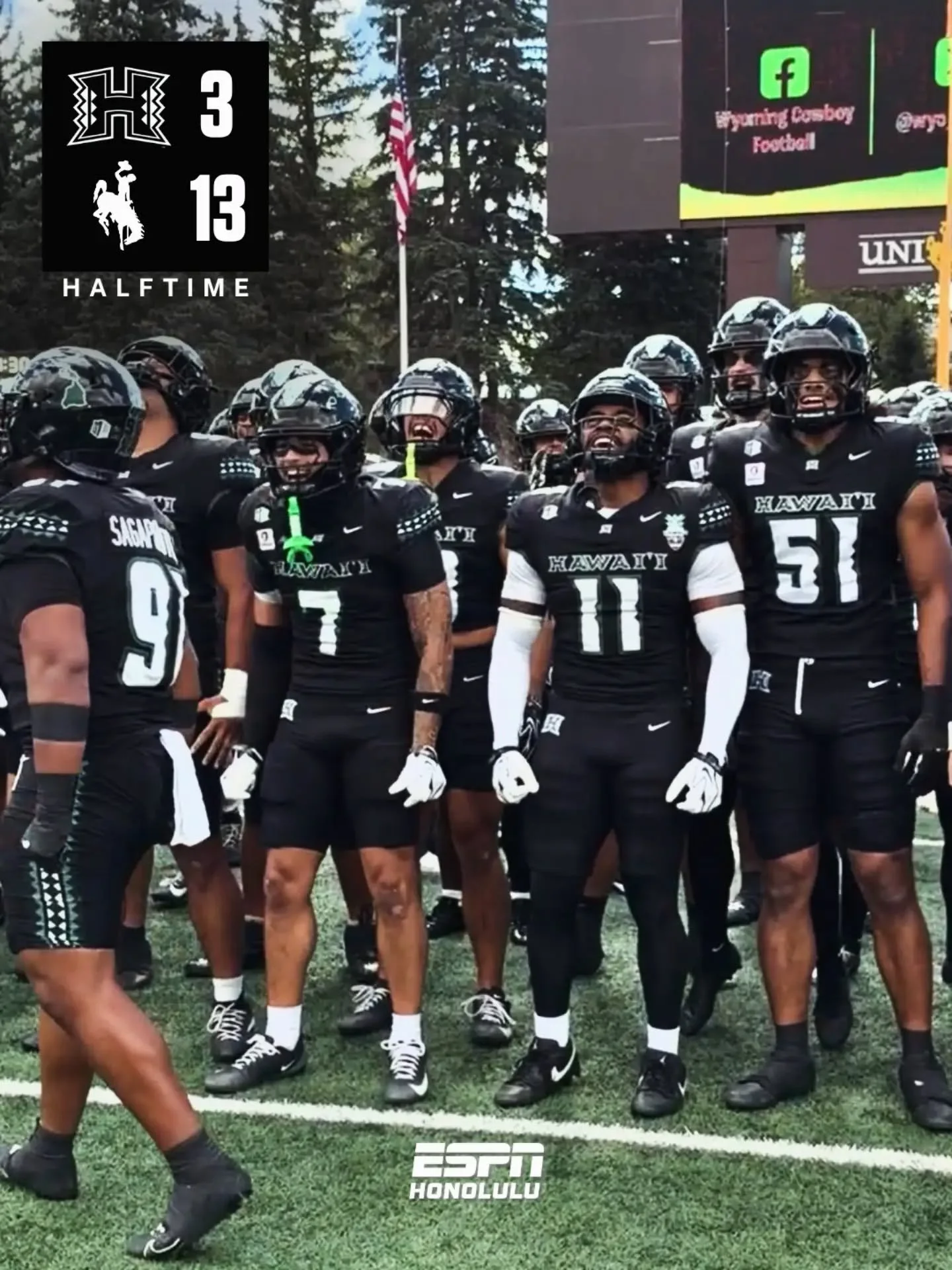 Halftime from Wyoming.

Hawai'i 3, Wyoming 10