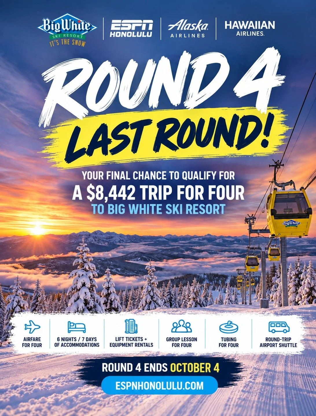 🚨 FINAL ROUND! 🚨

This is your last week to qualify online for a chance to win an $8,442 trip for four to Big White Ski Resort in Canada! 🏔️🎿

One final digital qualifier will be randomly selected from Round 4 entries and added to the grand prize
