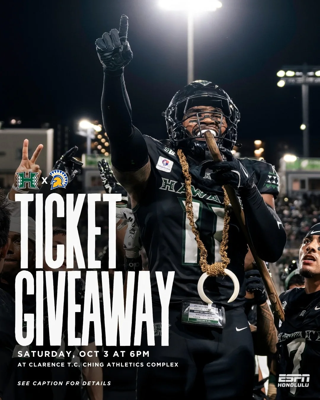 TICKET GIVEAWAY 🏈🌈

The Rainbow Warriors are back home tomorrow! We&rsquo;re giving away 4 pairs of tickets to see Hawaiʻi take on San Jos&eacute; State at Clarence T.C. Ching Athletics Complex! 🎟️

📅 Saturday, Oct. 3
⏰ 6:00 PM

To enter:
✅ Like 
