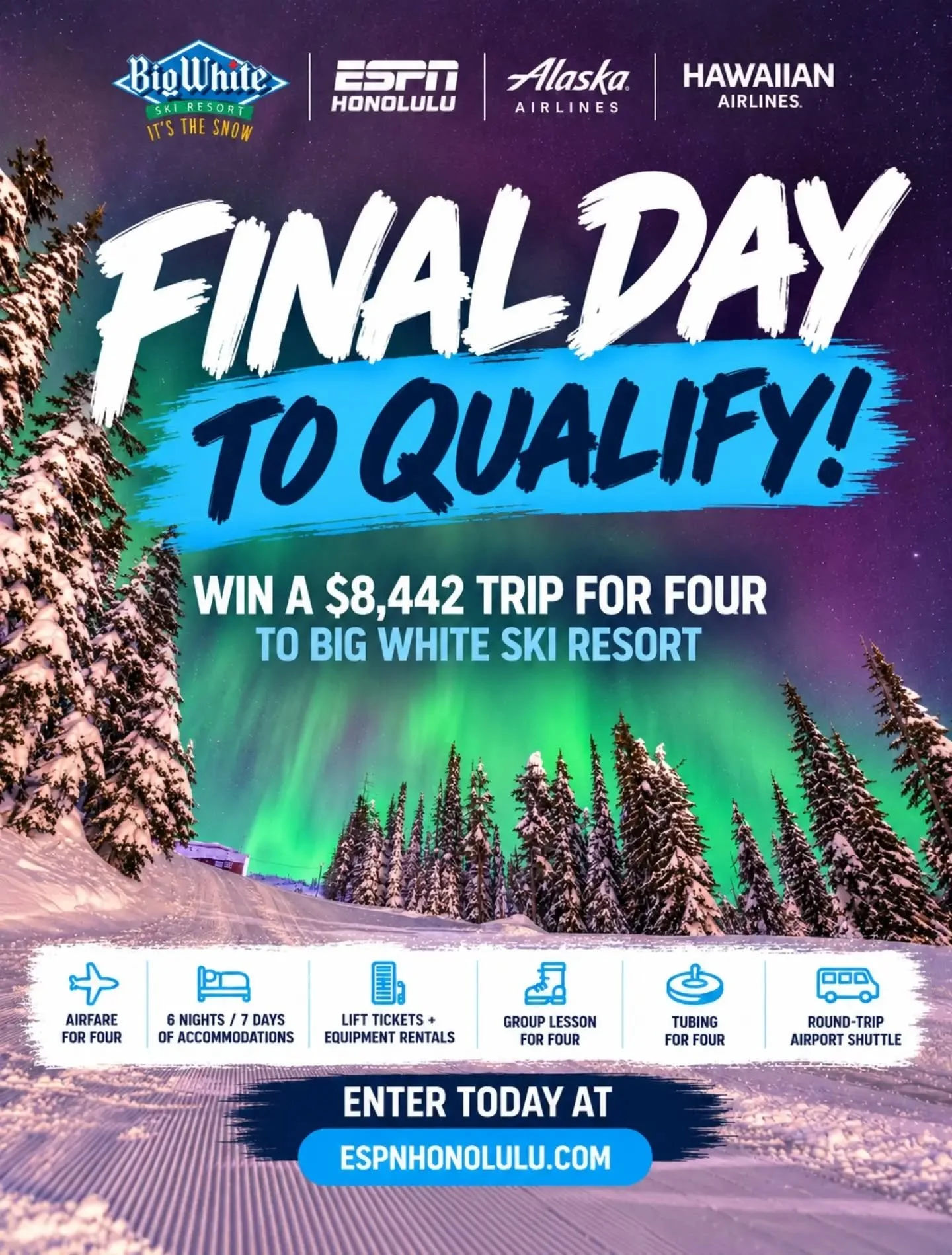🚨 FINAL DAY TO QUALIFY! 🚨

This is the last day to qualify online for a chance to win an $8,442 trip for four to Big White Ski Resort in Canada! 🏔️🎿

One final digital qualifier will be randomly selected from Round 4 entries and added to the gran