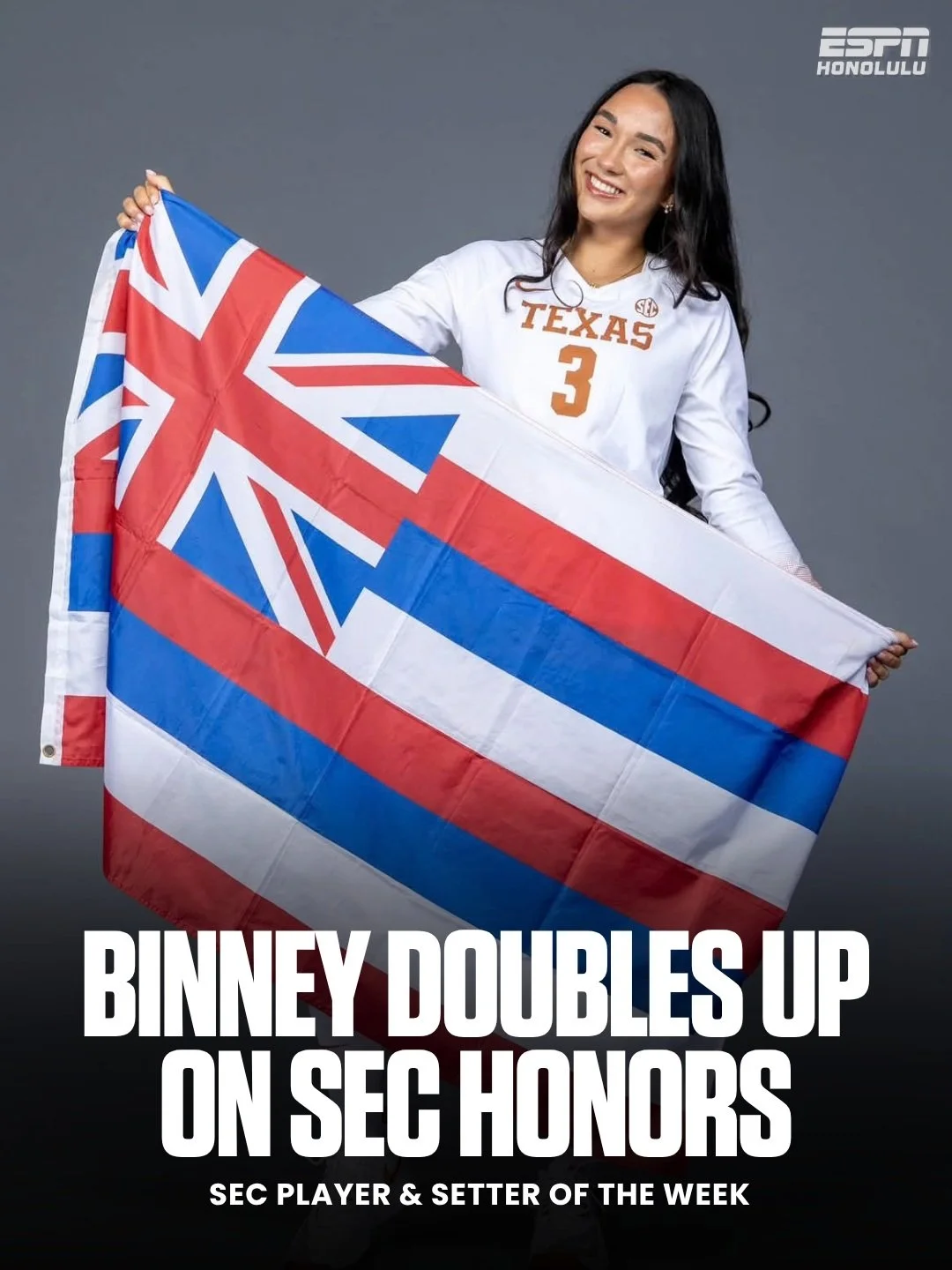 Rella Binney doubles up on SEC honors! 🤘🏐

The Punahou alum was named SEC Player of the Week and Setter of the Week after helping Texas to wins over Mississippi State and Alabama.

Binney totaled 79 assists across the two matches, averaging 11.29 a