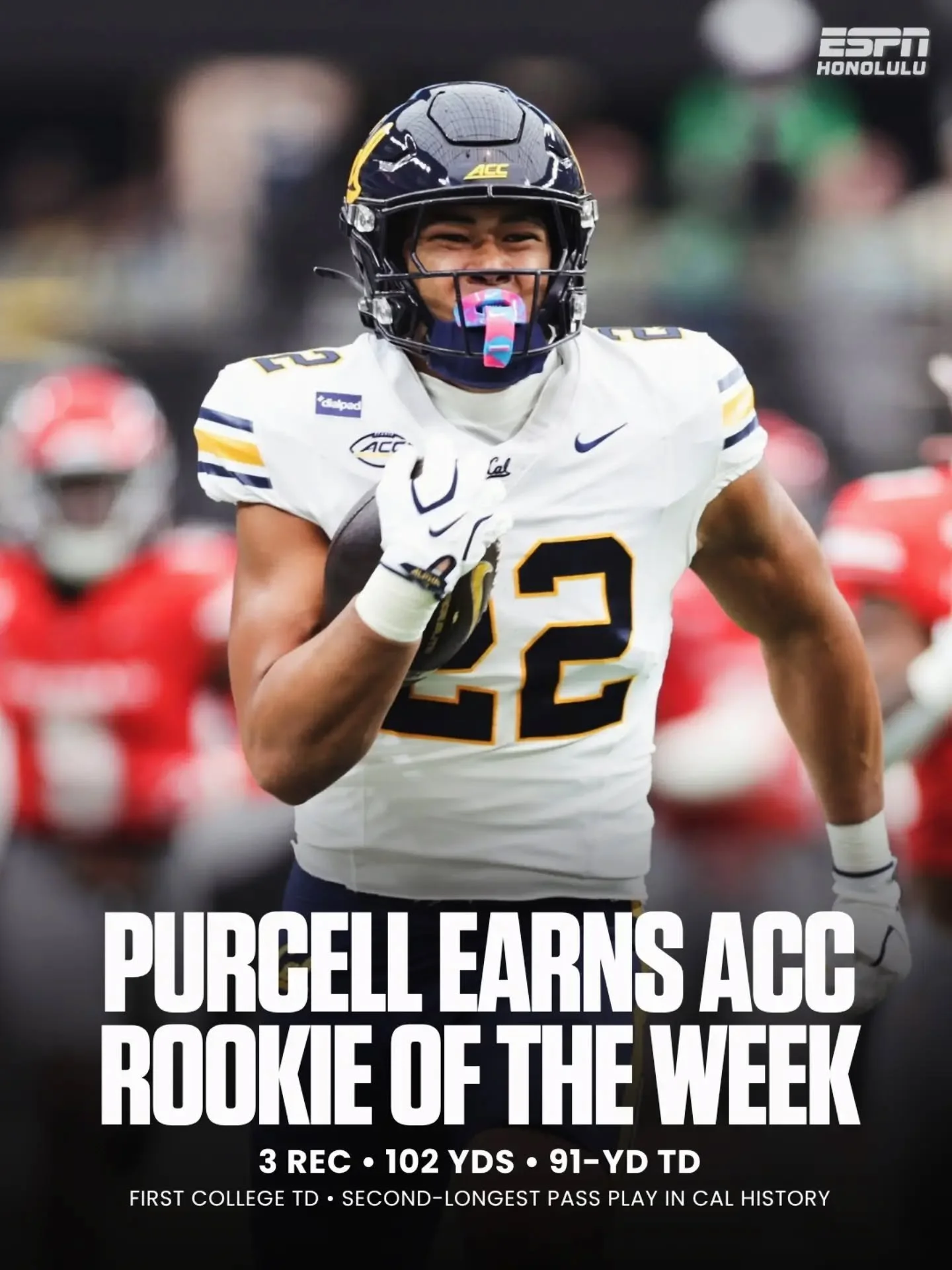 Kamehameha-Kapālama alum Taimane Purcell earned ACC Rookie of the Week honors after a standout performance against UNLV. 🏈🔥

The Cal true freshman tight end hauled in three catches for 102 yards, highlighted by a 91-yard touchdown &mdash; the first