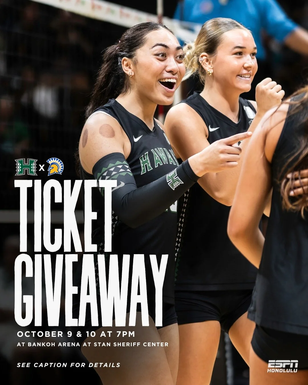 🏐 TICKET GIVEAWAY! 🏐

The Rainbow Wahine are back home this week! 🌈

We&rsquo;re giving you a chance to win tickets to see Hawaiʻi take on San Jos&eacute; State on October 9 or 10 at 7 PM at Bankoh Arena at Stan Sheriff Center.

HOW TO ENTER:
💚 L