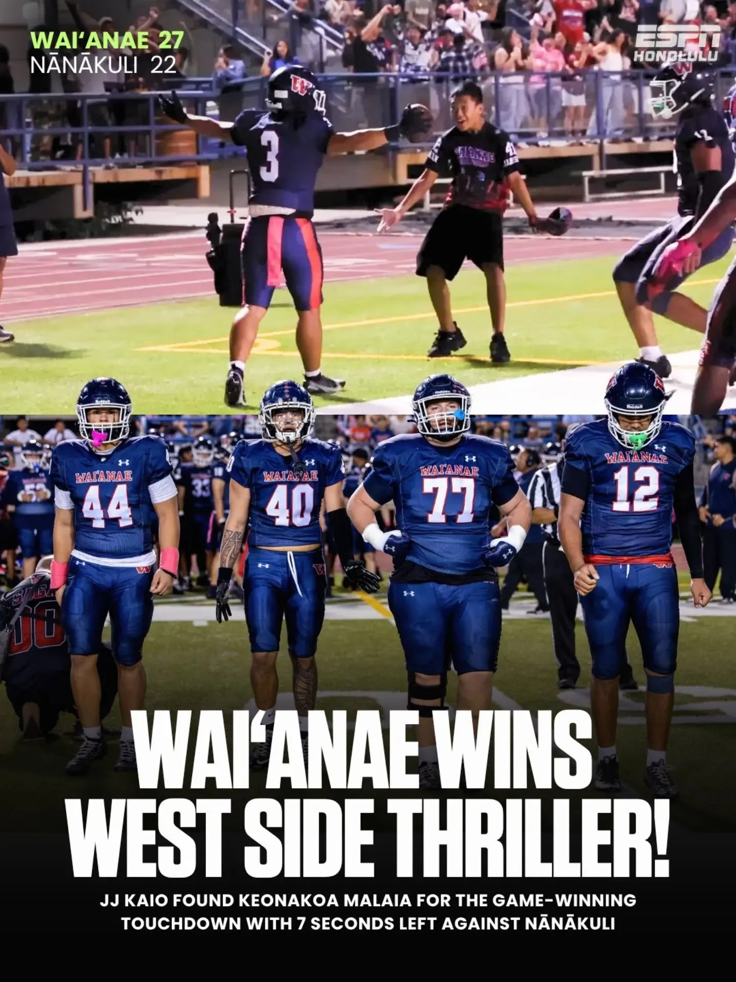 WHAT A FINISH! 🔥🏈

Waiʻanae pulled off a thrilling victory over Nānākuli as JJ Kaio connected with Keonakoa Malaia for the game-winning touchdown with just 7 seconds remaining!

The Seariders improved to 4-1 in OIA play with the win. 

📸 @lorimcke