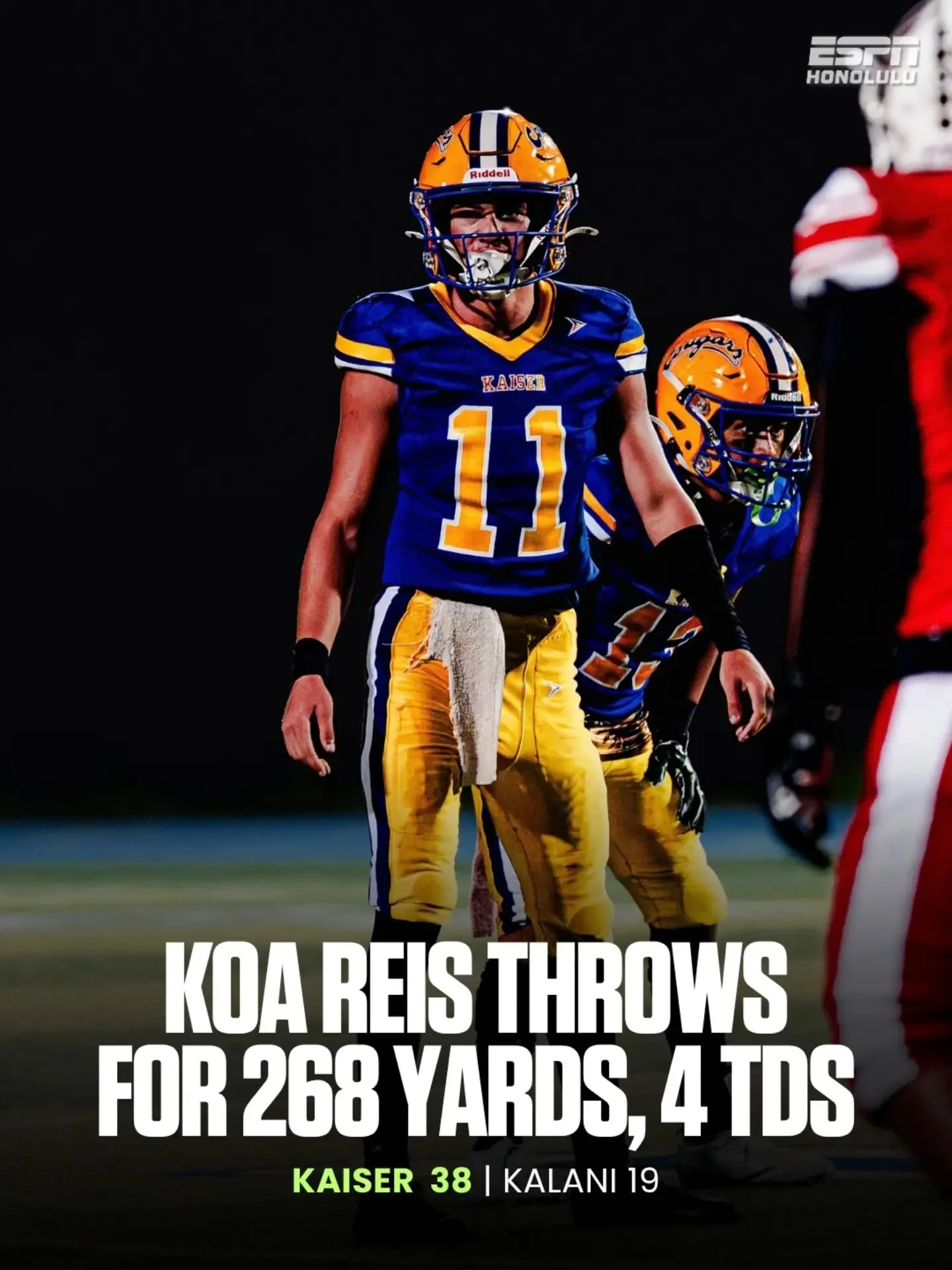 Kaiser QB Koa Reis threw four touchdowns to lead the Cougars to a 38-19 victory over Kalani on Friday night.

📸 @pineapple.production_