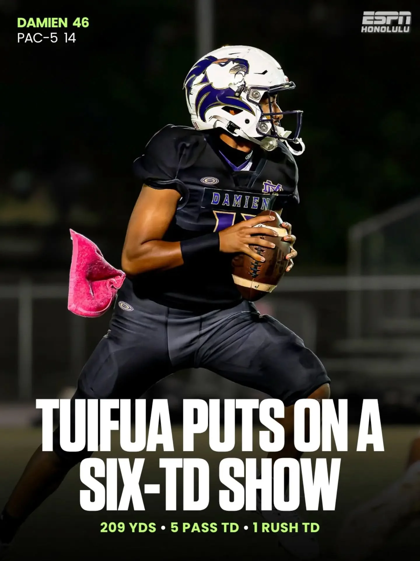 Tonga Tuifua put on a show! 🔥

The Damien quarterback accounted for six total touchdowns, completing 12 of 21 passes for 209 yards and five touchdowns while adding another score on the ground to lead the Monarchs to a 46-14 victory over PAC-5.

📸 @