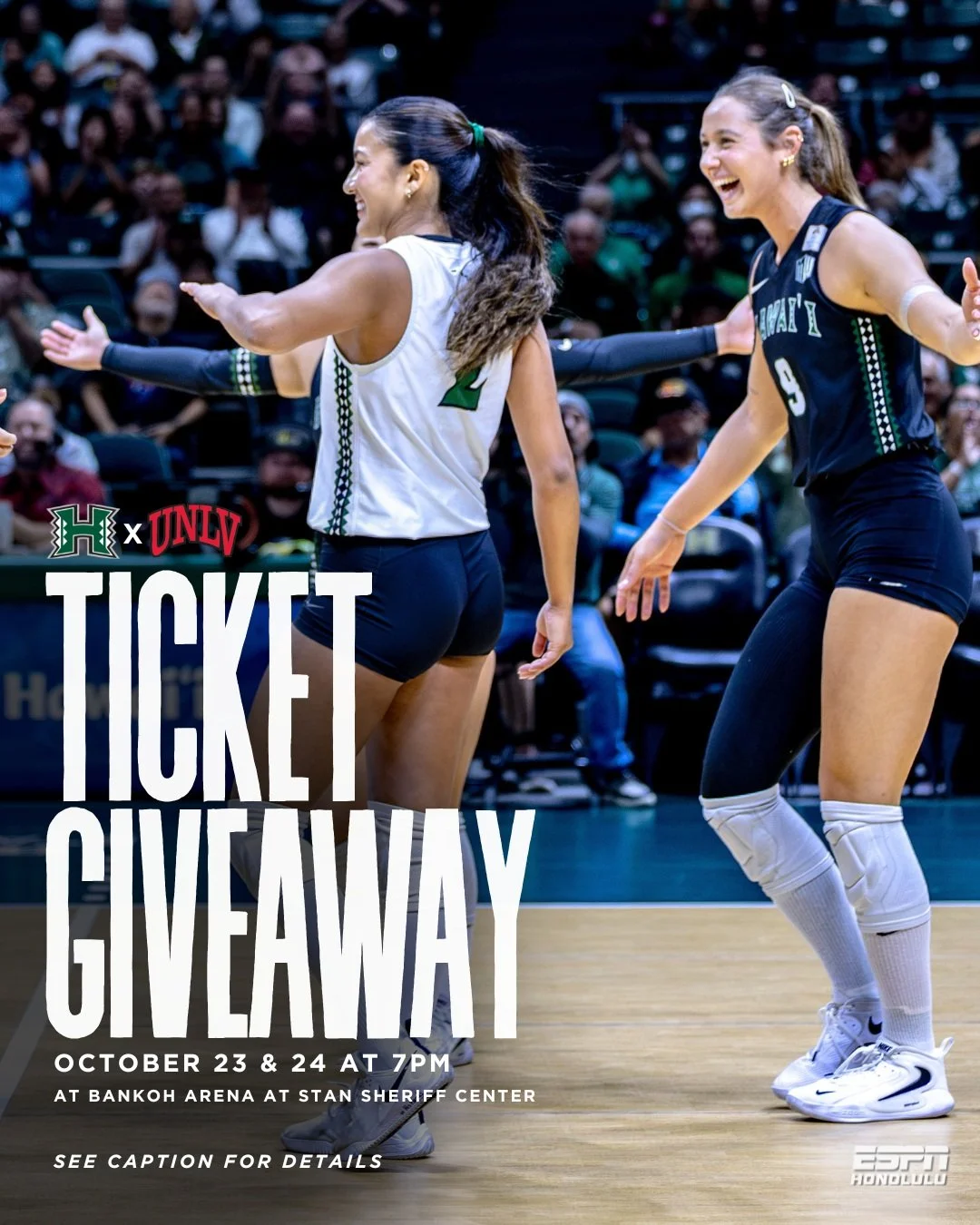🏐 TICKET GIVEAWAY! 🏐

The Rainbow Wahine are back home this week! 🌈 We're giving away FOUR pairs of tickets to EACH match as Hawaiʻi takes on UNLV on October 23 &amp; 24 at 7 PM at Bankoh Arena at Stan Sheriff Center!

HOW TO ENTER:
👍 Like this p