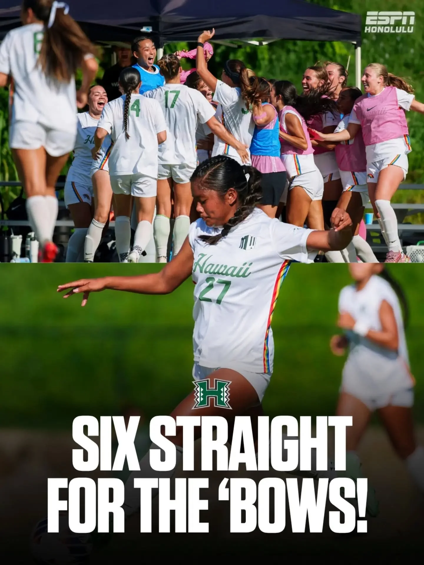 SIX STRAIGHT FOR THE 'BOWS! ⚽️🔥

The Rainbow Wahine extended their winning streak to six matches with a 1-0 victory over Grand Canyon on Saturday! Tatum Porter delivered the game-winning goal in the first half as Hawaiʻi recorded its third consecuti