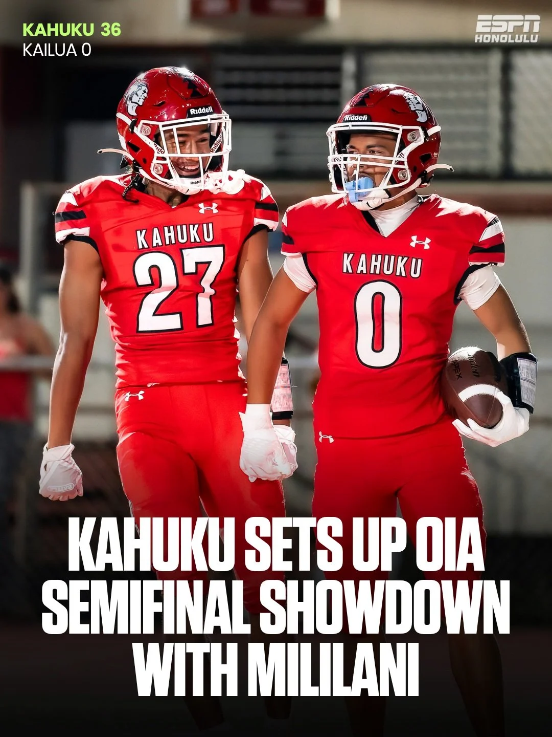 KAHUKU MOVES ON! 🔴🏈

The Red Raiders shut out Kailua, 36-0, to advance to the OIA Open Division semifinals, where they&rsquo;ll face Mililani for a spot in the championship game!

📸 @yasunariphotography
