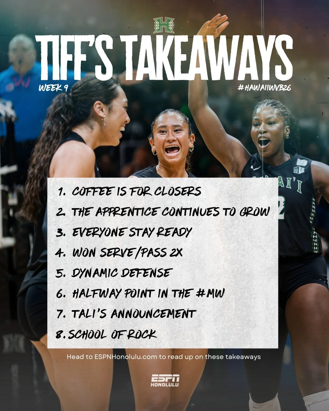 The Rainbow Wahine are 10-0 in Mountain West play after back-to-back sweeps of UNLV!

Tiff Wells breaks down UH&rsquo;s clutch finishes, dominant defense and more in his Week 9 Tiff&rsquo;s Takeaways!

Read more at ESPNHonolulu.com

📸 @yasunariphoto