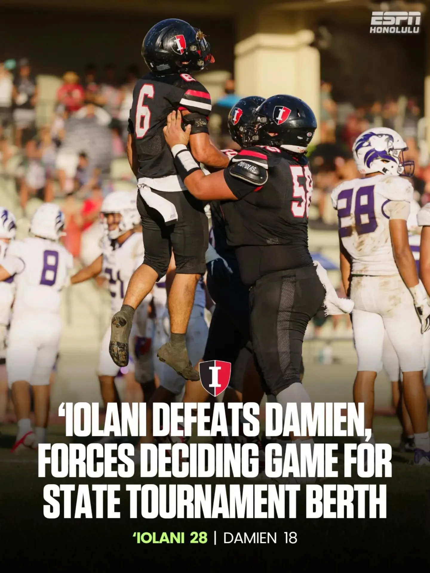 #ICYMI: 'Iolani defeated Damien, 28-18, on Saturday to force a deciding ILH Division I playoff game. 

The two teams will meet again this Saturday at 6:30 PM at Radford High School, with a berth in the HHSAA Division I State Tournament on the line!

