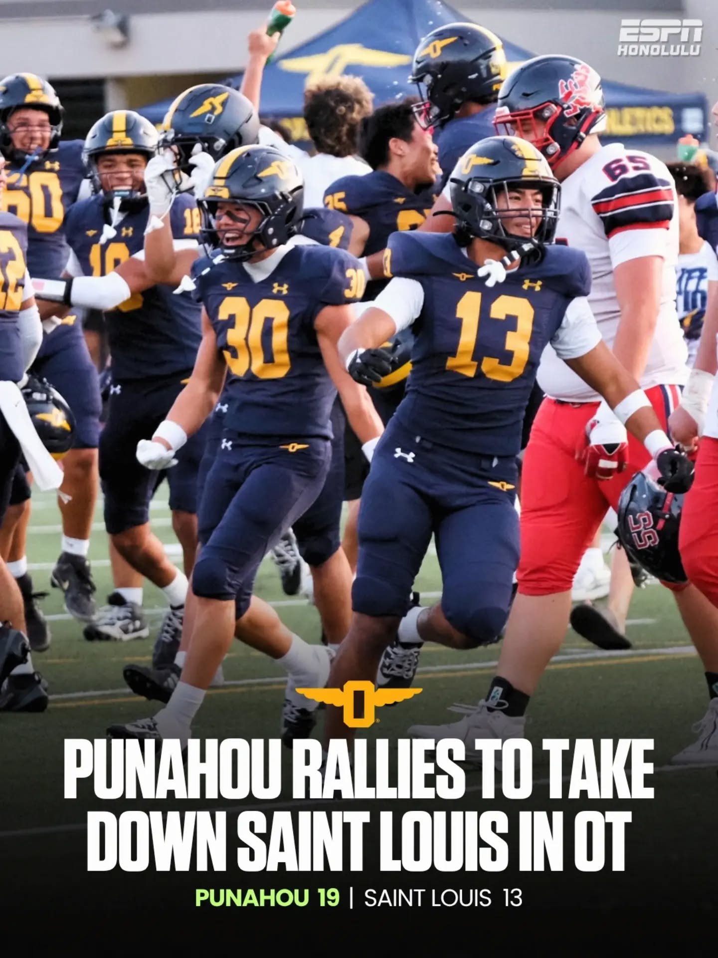 PUNAHOU PULLS OFF THE OT WIN! 🏈🔥

Down 13-6 at halftime, Punahou battled back to take down Saint Louis, 19-13, in overtime Saturday afternoon.

Mark Twigg connected with Tanner Peterson for a 16-yard touchdown in OT, and the Buffanblu defense held 
