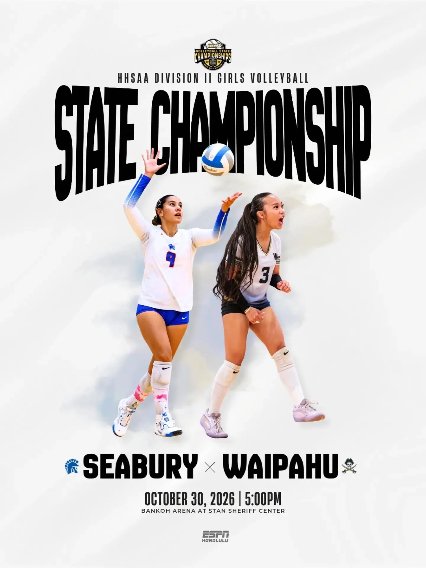 A state championship is on the line! 🏐🏆

Seabury Hall and Waipahu face off tonight for the HHSAA Division II Girls Volleyball State Championship!

🏐 #1 Seabury x #3 Waipahu
🗓️ Friday, October 30 
🕔 5:00 PM
📍Bankoh Arena at Stan Sheriff Center

