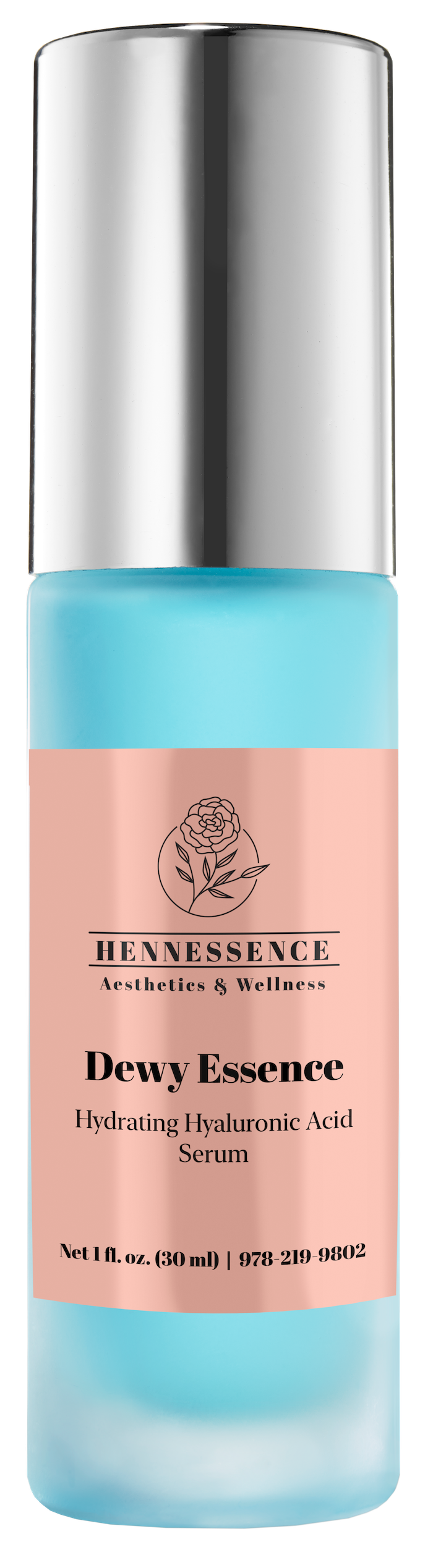 A light blue bottle of Hennessence Dewy Essence Hydrating Hyaluronic Acid Serum with a silver cap and a blush-colored label.