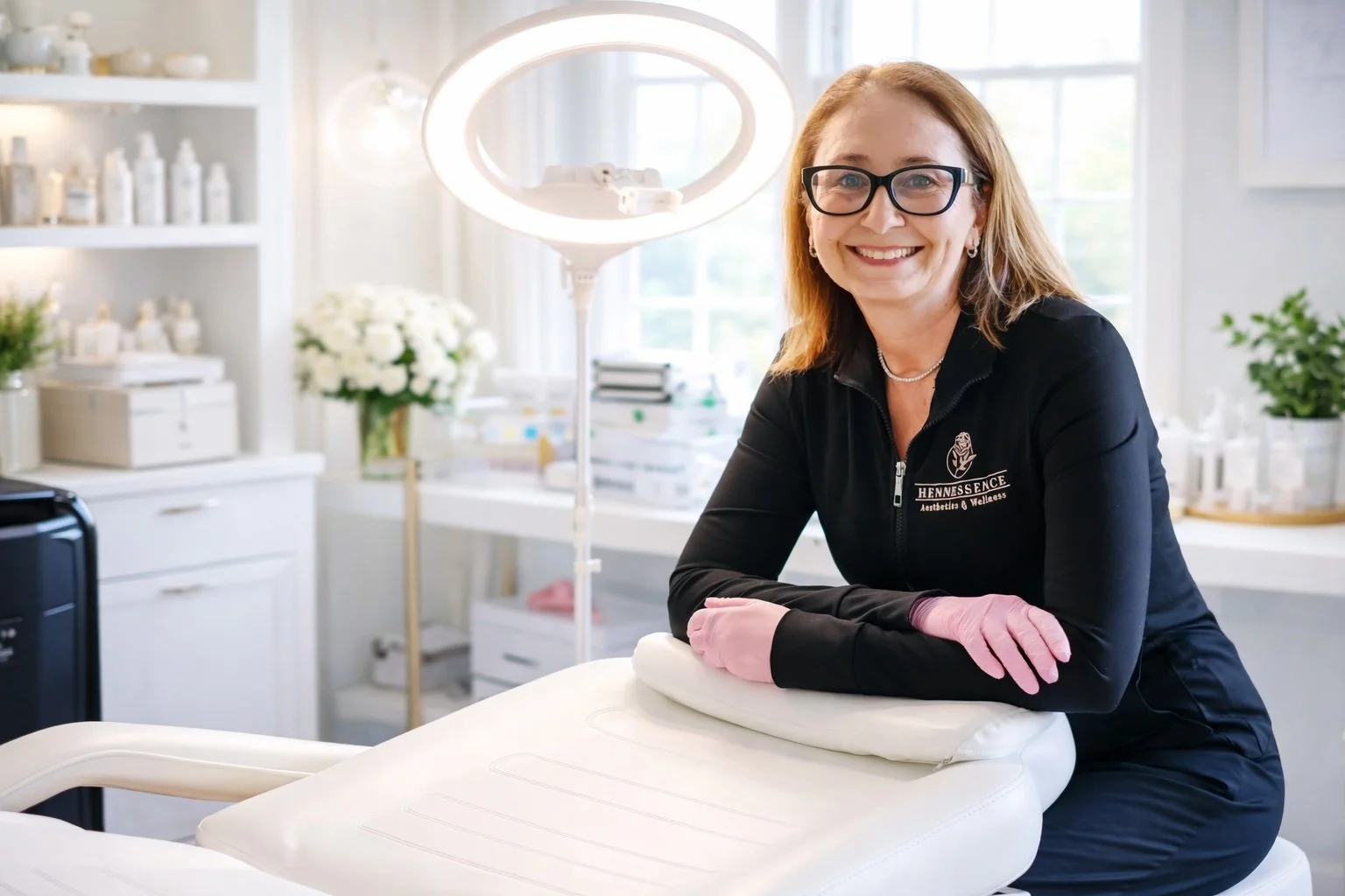 A smiling woman in black scrubs with pink gloves, leaning on a medical bed in a clean, well-lit clinic with shelves of bottles and a flower arrangement in the background.