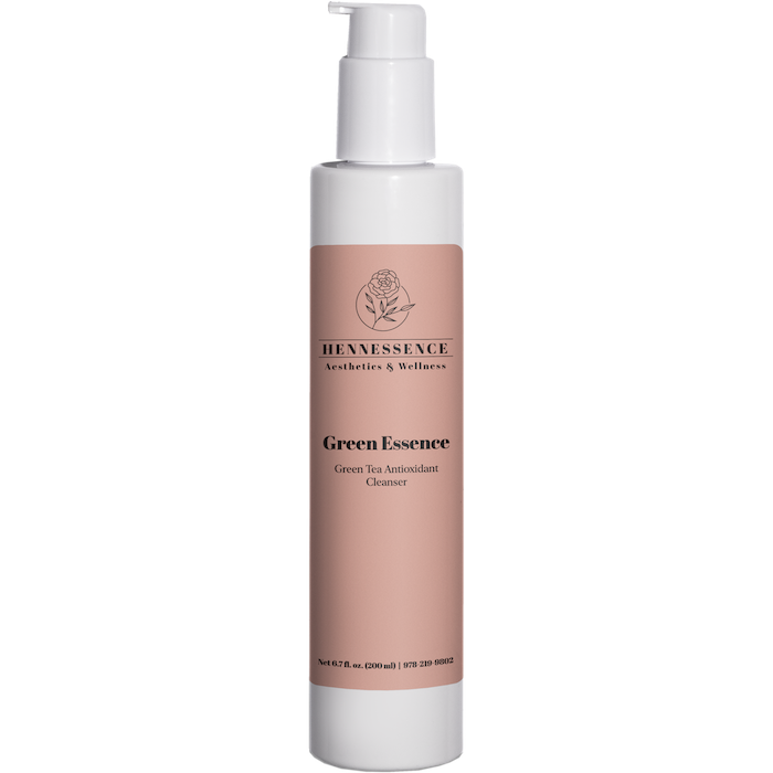 A tall white bottle with a pump dispenser. The label is pink with black text that reads Hennesse Aesthetics & Wellness, Green Essence, Green Tea Antioxidant Cleanser, 200 ml.