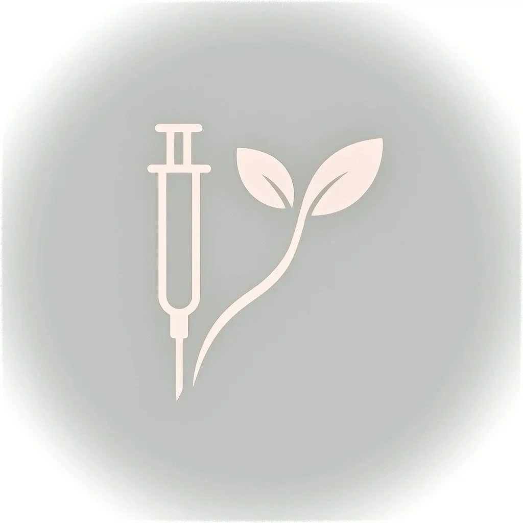 A minimalist logo featuring a syringe and a plant with two leaves.