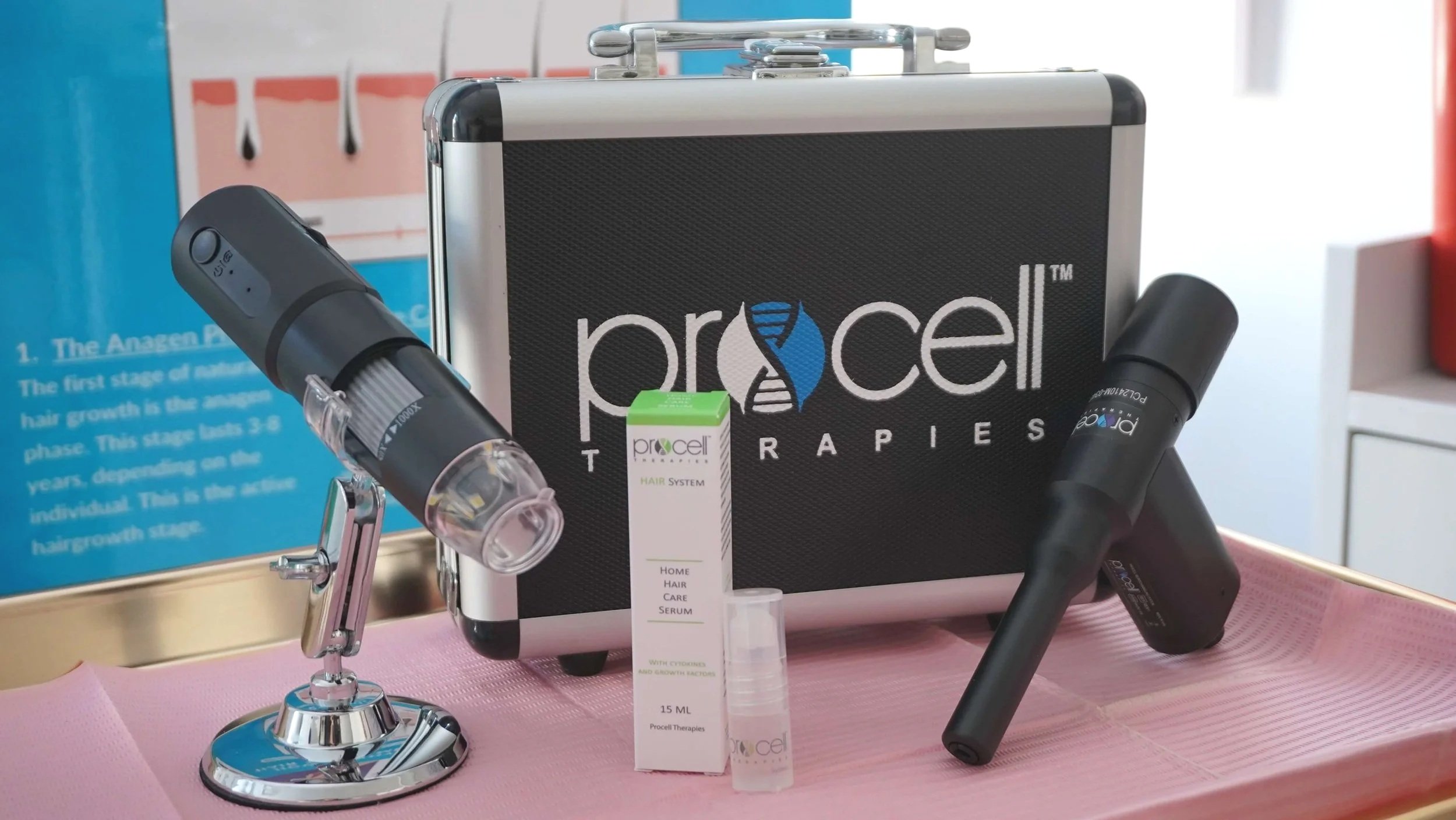 Medical equipment on a pink tray, including two black devices labeled Procell Therpies, a small box with a green top labeled Procell Hair System with a small vial labeled Procell, and a black case with the Procell logo.