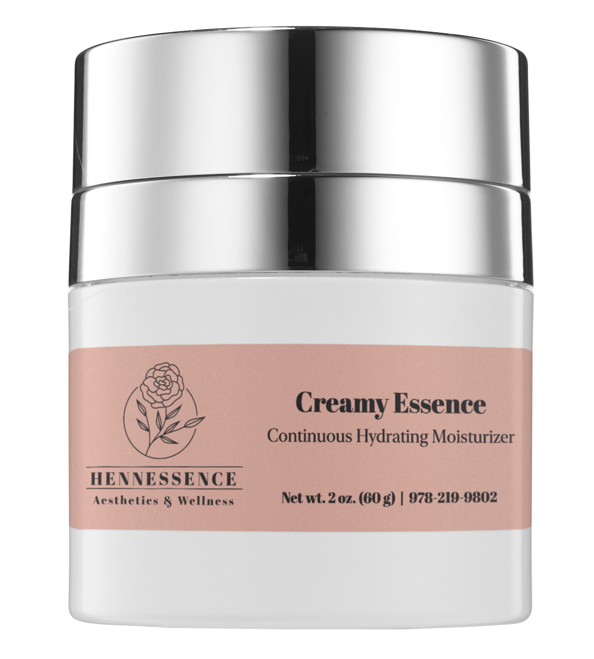 A white bottle of Creamy Essence continuous hydrating moisturizer with a pink label, a black floral logo, and black text, topped with a silver cap.