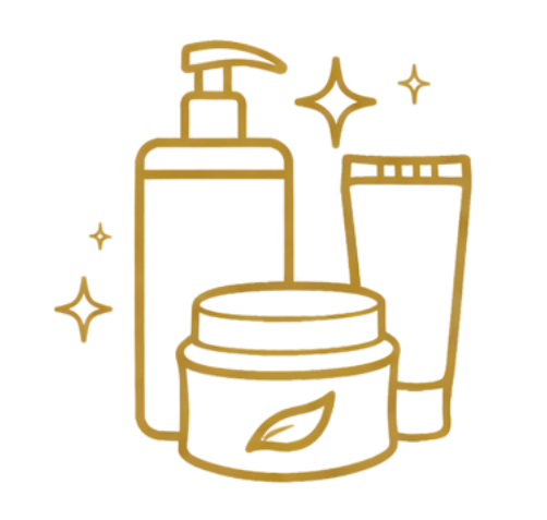Line drawing of skincare products including a pump bottle, a tube, and a jar with a leaf symbol, surrounded by sparkles.