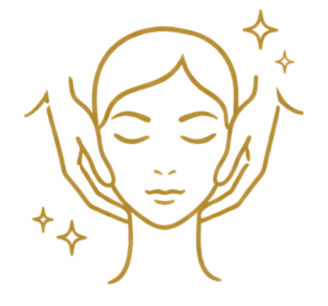 Line drawing of a woman with closed eyes, surrounded by sparkling stars and abstract shapes.