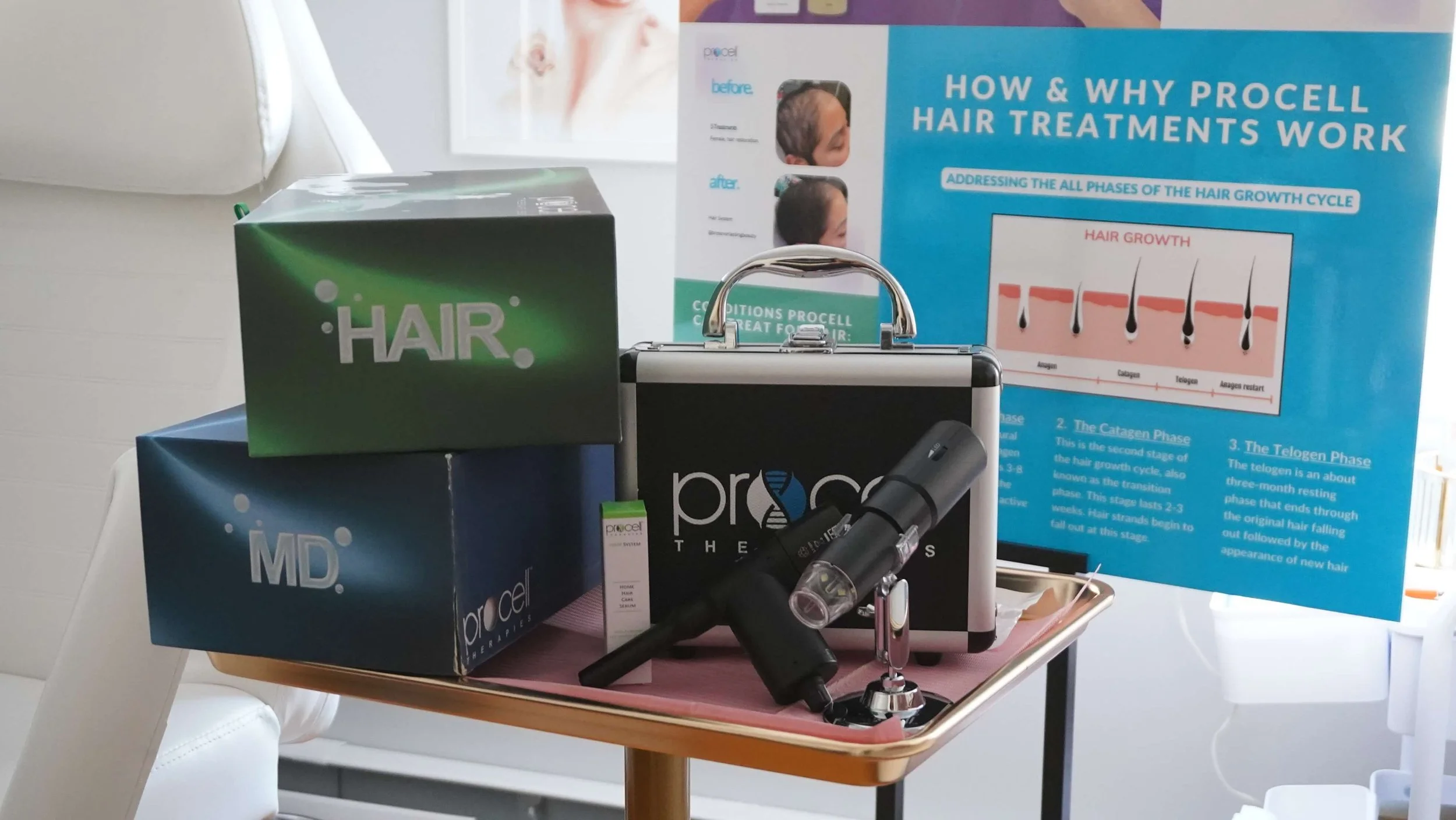 Medical display with boxes labeled 'HAIR' and 'MD', a medical device, and informational posters about hair treatment procedures on a table in a clinical setting.