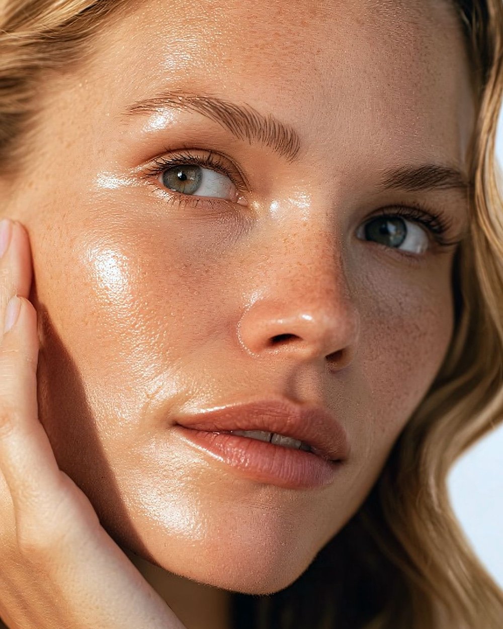 Close-up of a woman's face with clear, glowing skin, blue eyes, and blonde hair.