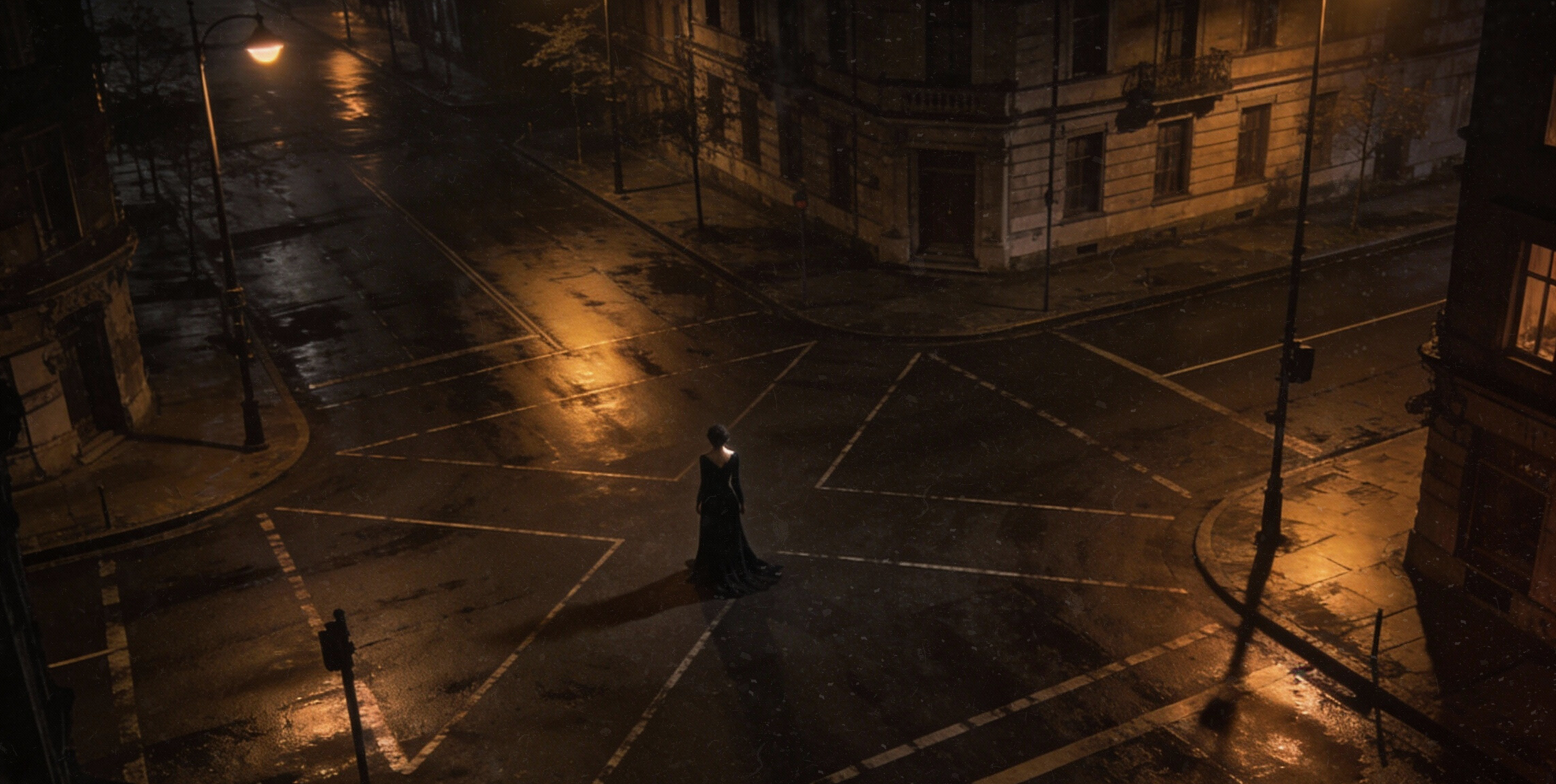 dark urban crossroads with a woman in a black dress standing in the middle