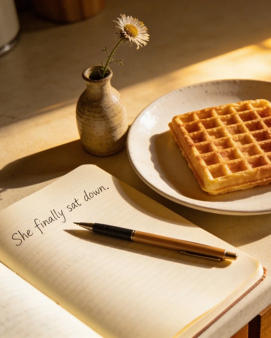 The waffle has been sitting there 🧇

Not literally
Well. Maybe literally.

But also metaphorically

The rest
The slow morning
The meal eaten sitting down
The thing she keeps almost giving herself
and then doesn't because there's always
something mor