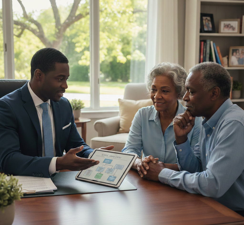 A young man in a suit and tie showing a flowchart on a tablet to an older couple in a living room with large windows and bookshelves.