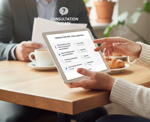 Two people sitting at a wooden table, one holding a tablet with a virtual questionnaire, the other holding a cup, in a bright room with potted plants in the background.