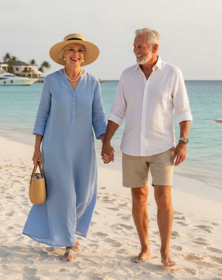 An older couple holding hands and walking on a beach with white sand, blue water, and beachfront houses in the background, enjoying a sunny day.