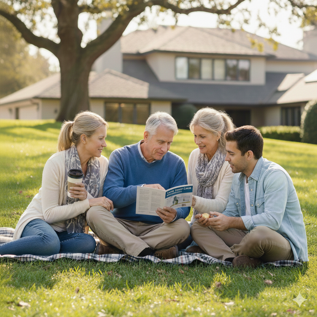 A group of four people sitting on a picnic blanket on the grass in a park, looking at a brochure together. They are surrounded by trees and a large house in the background, with sunny weather.
