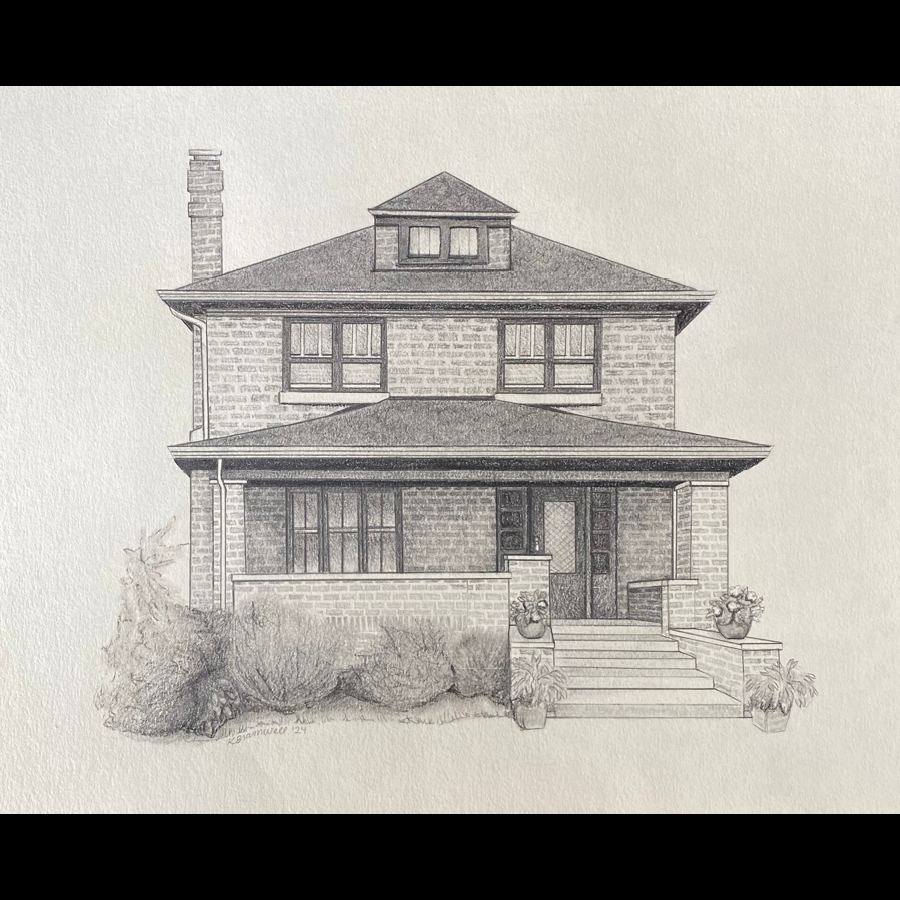 A detailed pencil sketch of a multi-story house with a gabled roof, brick exterior, and a front porch with steps flanked by potted plants.
