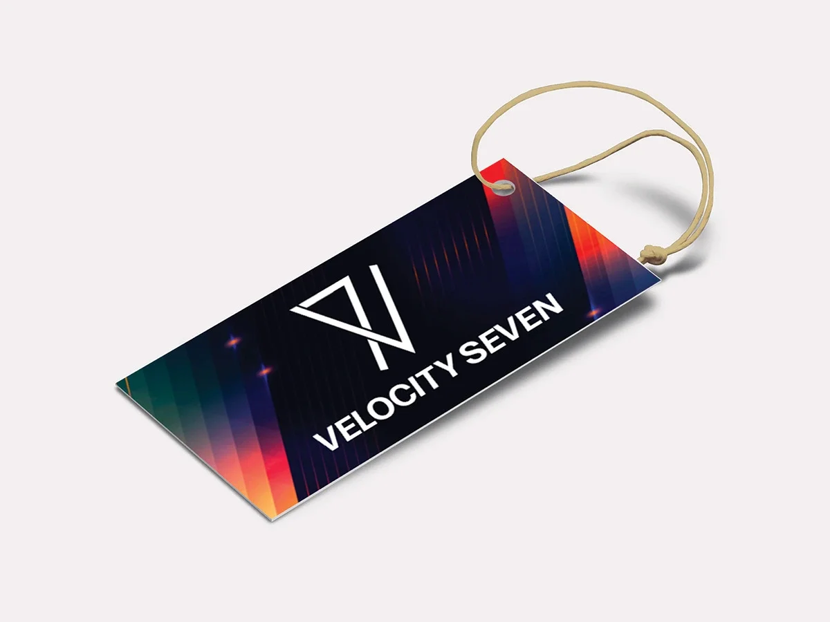 A tag designed for an athletic-wear brand, Velocity Seven.