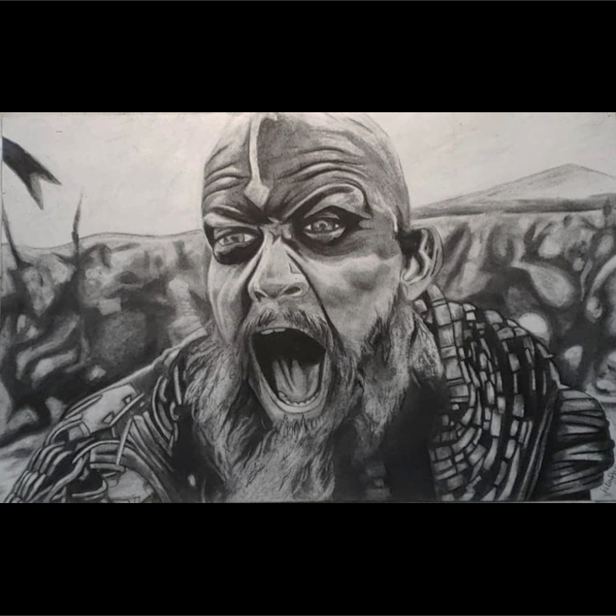 A highly detailed black and white charcoal drawing of a fierce warrior from a popular television series, with a beard and mustache, shouting with his mouth wide open, wearing armor, with a background of blurry soldiers, mountains and sky.