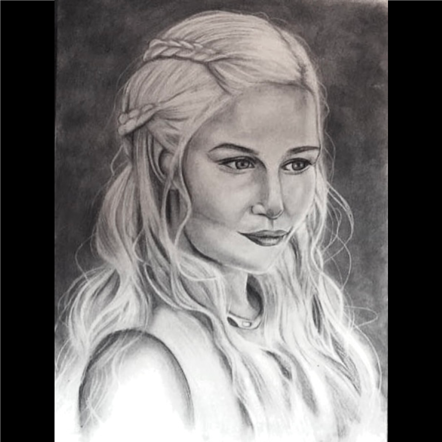 Black and white charcoal portrait drawing of a young woman from a popular television series with long wavy hair, wearing a sleeveless top, looking to the side with a slight smile.