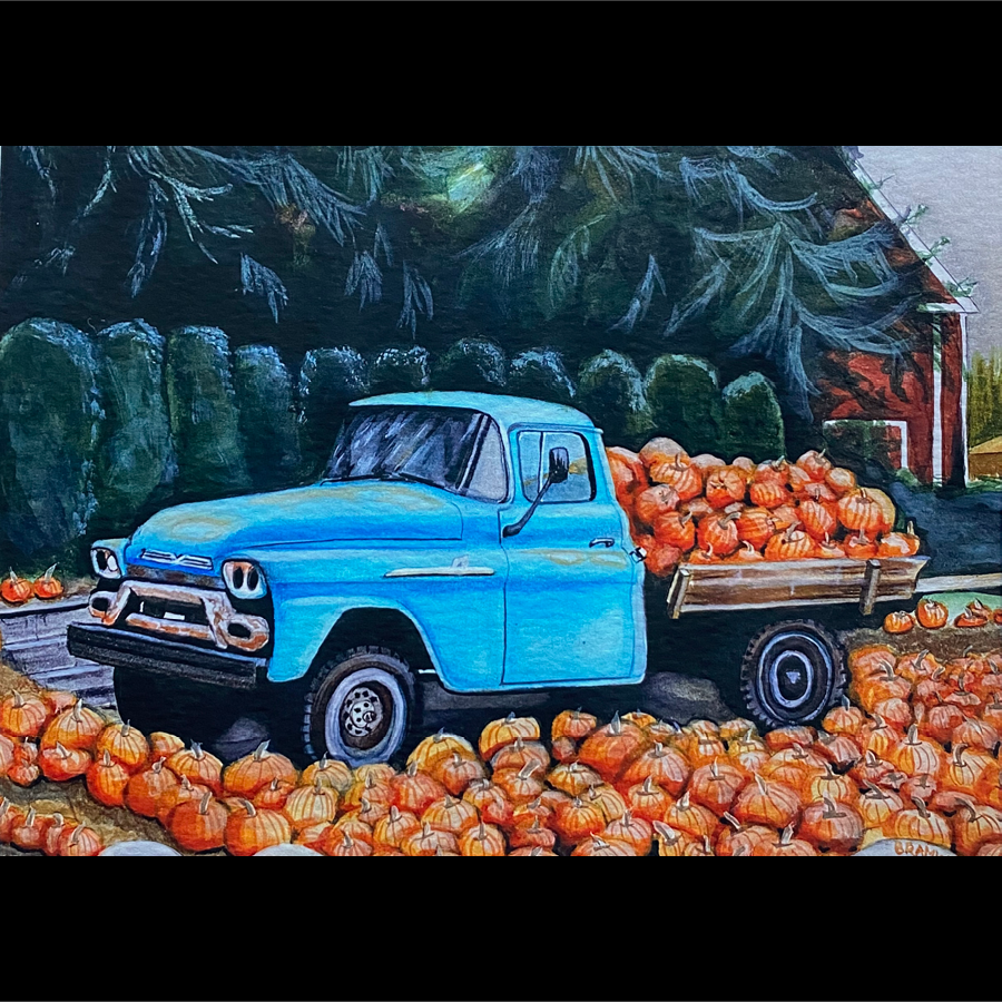 Art piece created with ink and colored pencil of a vintage blue truck parked among a large pile of orange pumpkins on a farm, with a red barn and green trees in the background.