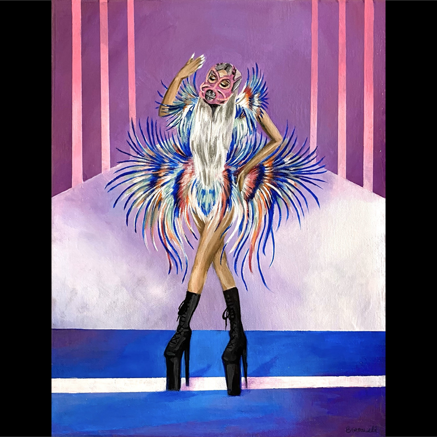 ACrylic painting of a woman standing on a stage wearing high black platform boots with a colorful feathered costume and a pink mask on her face. The background features purple walls with pink vertical lines and a pink and purple geometric backdrop.