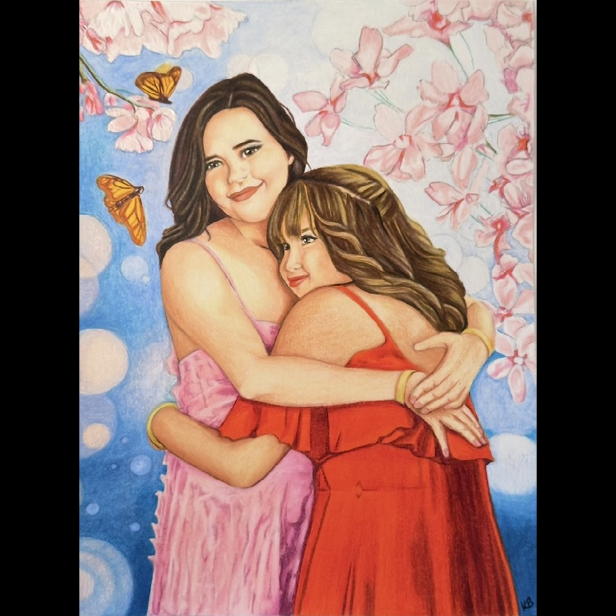 A colored pencil portrait of a young woman with dark hair and a pink ruffled dress hugging a young girl with caramel hair and a red silky dress in front of a background with pink flowers, butterflies, a blue sky and bokeh. 