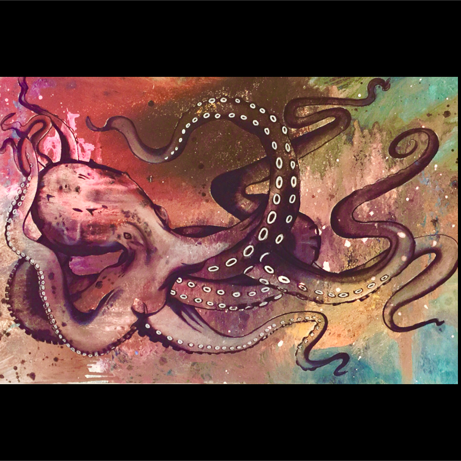 Acrylic painting of an octopus with swirling tentacles, outlined and shaded but translucent against a colorful, swirling background.